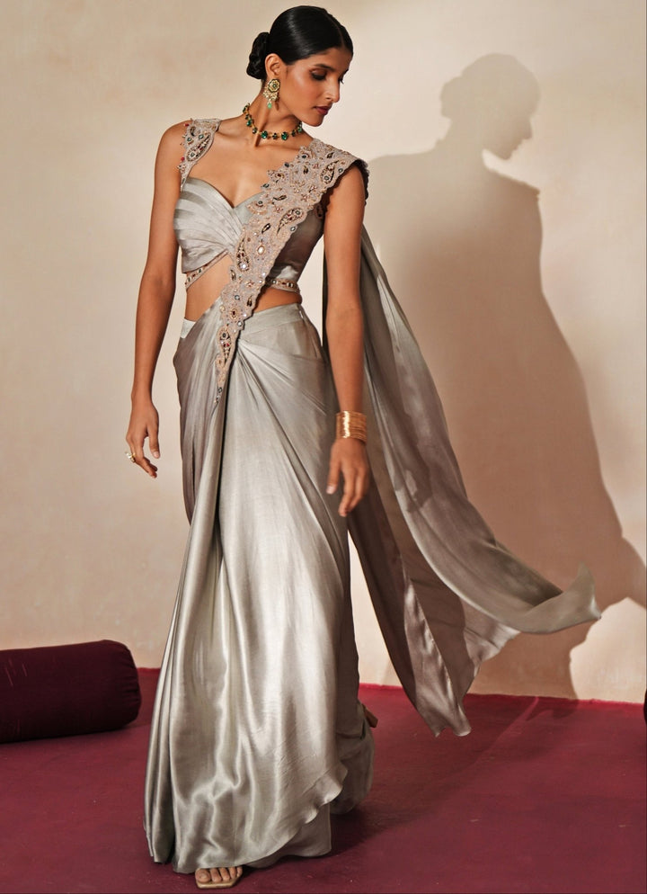 Metallic Grey Chiffon Pre - Draped Saree Isha Gupta Tayal - Fabilicious Fashion