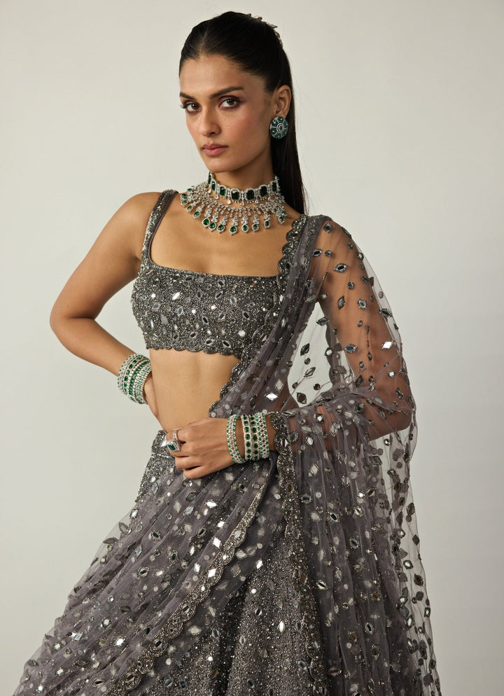 Metallic Grey Embroidered Organza Lehenga Set Vvani by Vani Vats - Fabilicious Fashion