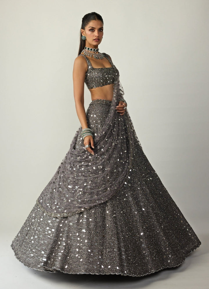 Metallic Grey Embroidered Organza Lehenga Set Vvani by Vani Vats - Fabilicious Fashion