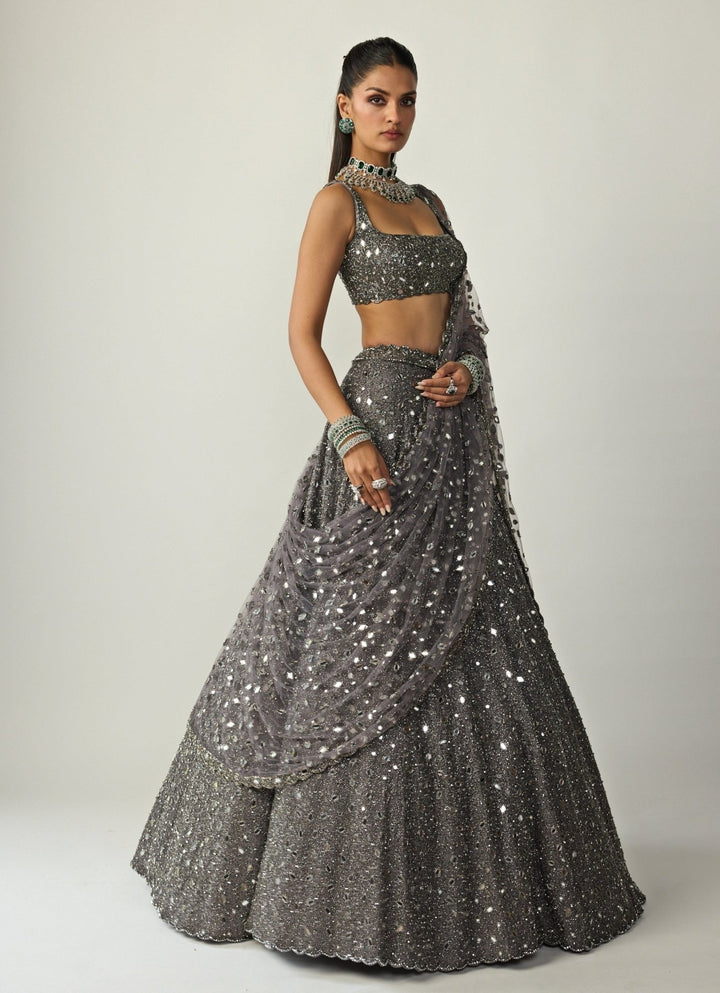 Metallic Grey Embroidered Organza Lehenga Set Vvani by Vani Vats - Fabilicious Fashion