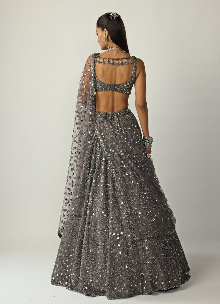Metallic Grey Embroidered Organza Lehenga Set Vvani by Vani Vats - Fabilicious Fashion