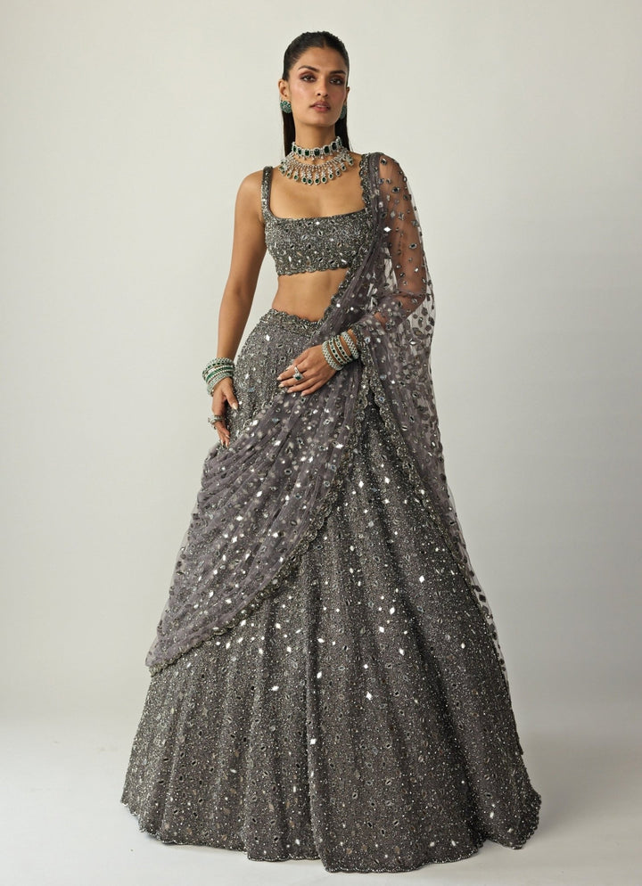 Metallic Grey Embroidered Organza Lehenga Set Vvani by Vani Vats - Fabilicious Fashion