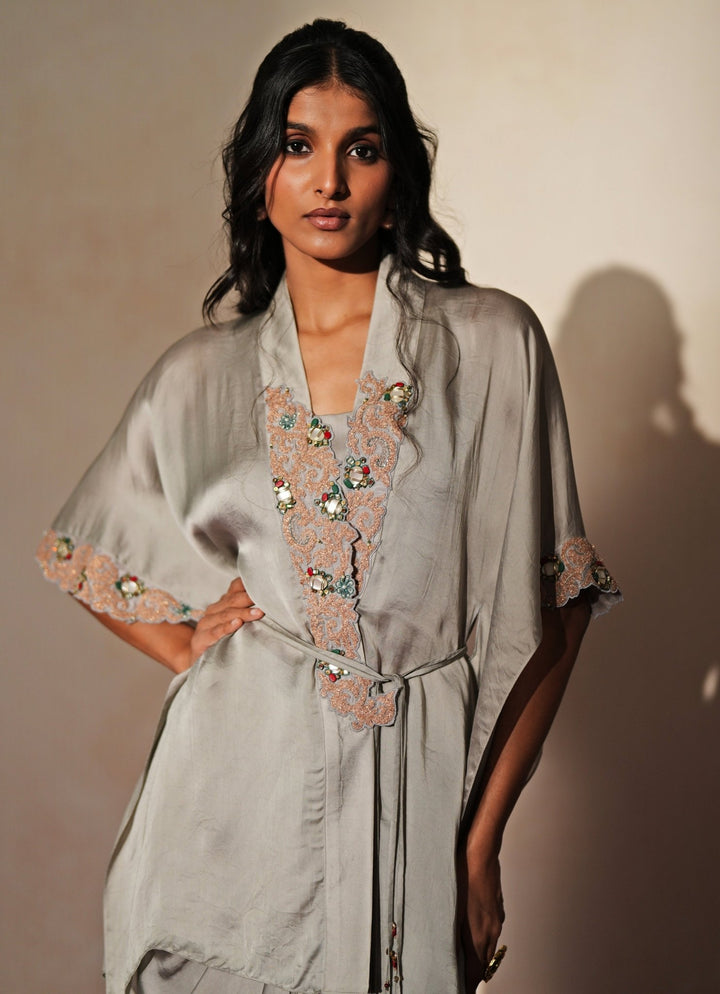 Metallic Grey Embroidered Satin Drape Skirt Set Isha Gupta Tayal - Fabilicious Fashion