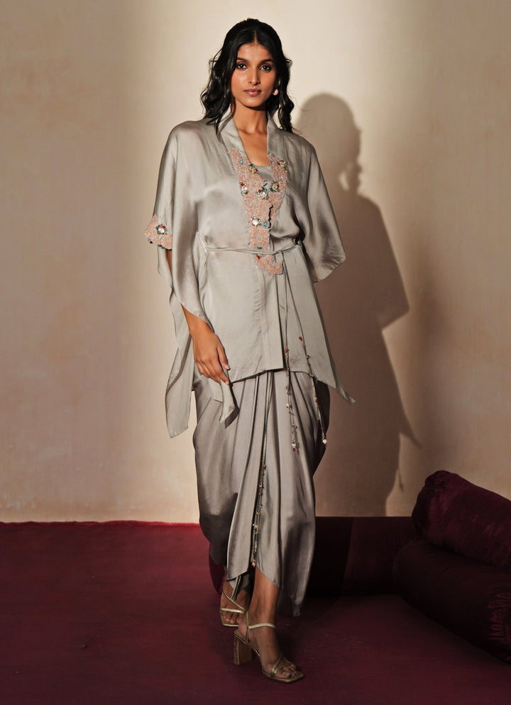 Metallic Grey Embroidered Satin Drape Skirt Set Isha Gupta Tayal - Fabilicious Fashion