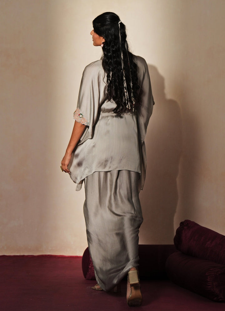 Metallic Grey Embroidered Satin Drape Skirt Set Isha Gupta Tayal - Fabilicious Fashion