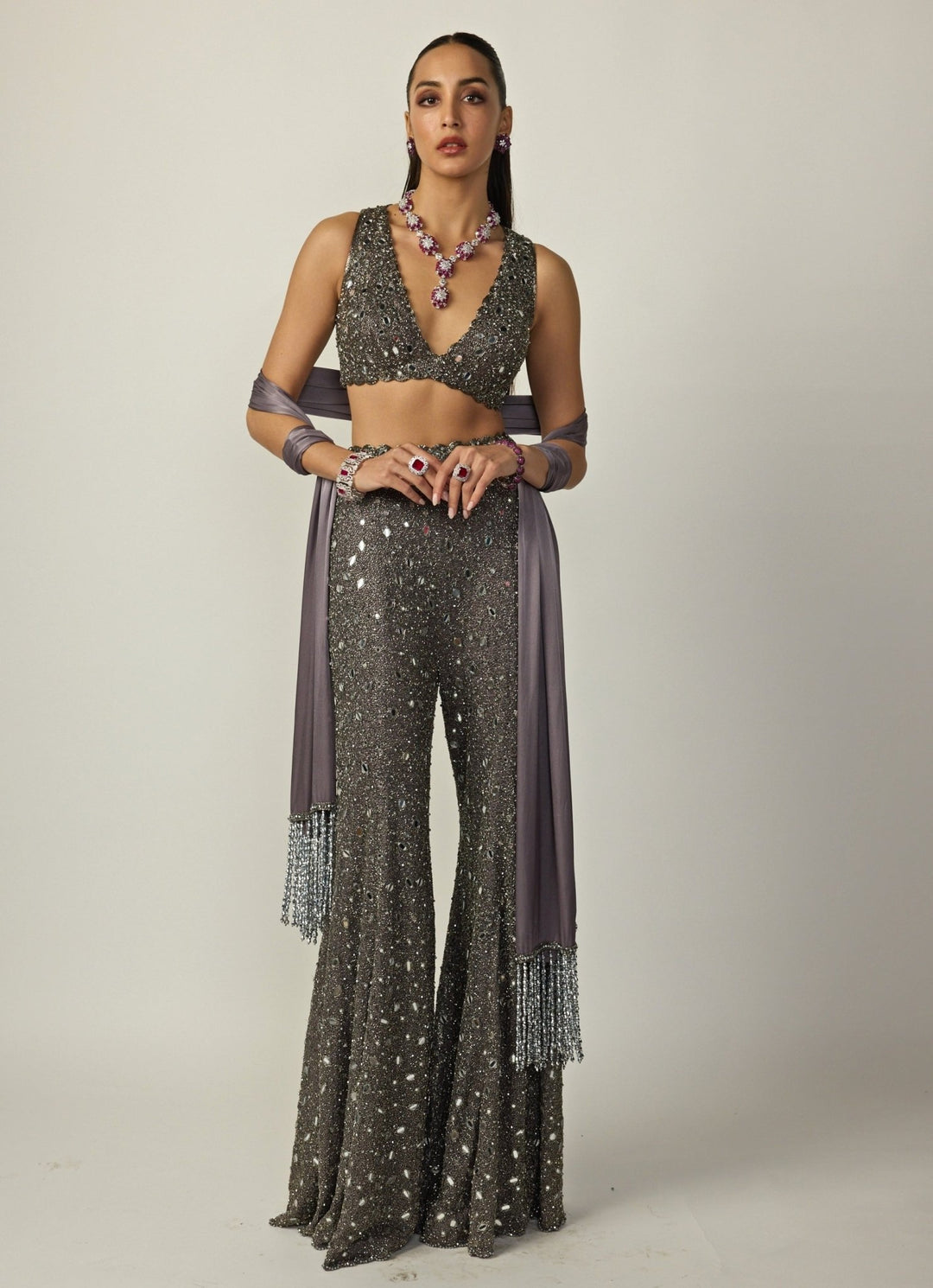 Metallic Grey Georgette Blouse Sharara Set Vvani by Vani Vats - Fabilicious Fashion