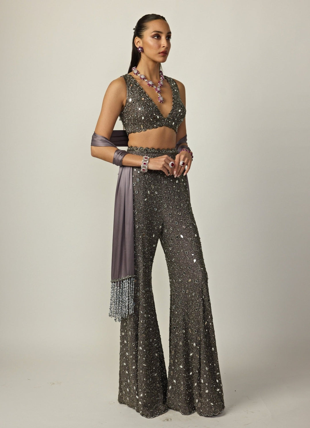 Metallic Grey Georgette Blouse Sharara Set Vvani by Vani Vats - Fabilicious Fashion