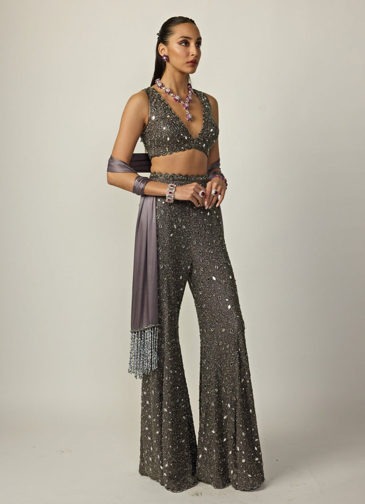 Metallic Grey Georgette Blouse Sharara Set Vvani by Vani Vats - Fabilicious Fashion