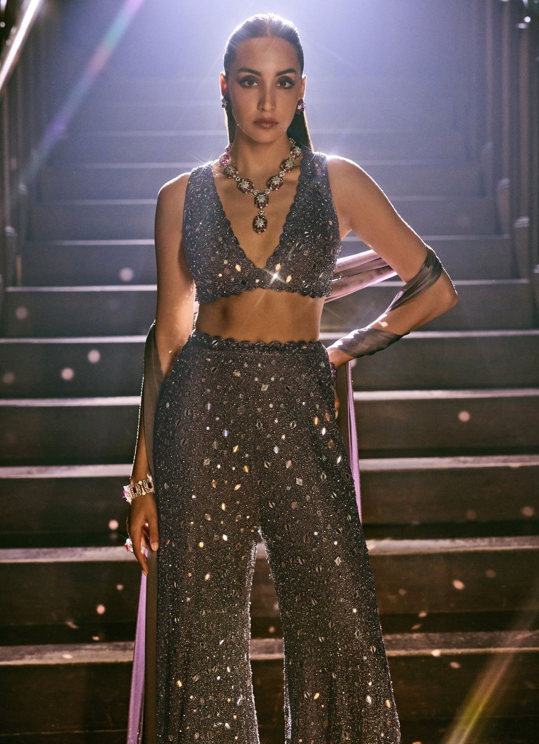 Metallic Grey Georgette Blouse Sharara Set Vvani by Vani Vats - Fabilicious Fashion