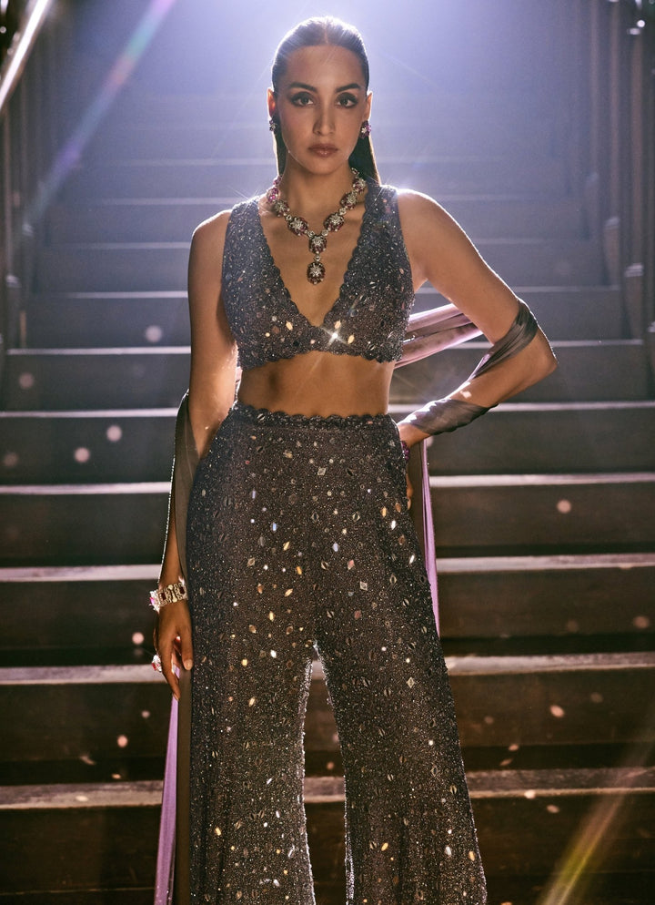 Metallic Grey Georgette Blouse Sharara Set Vvani by Vani Vats - Fabilicious Fashion