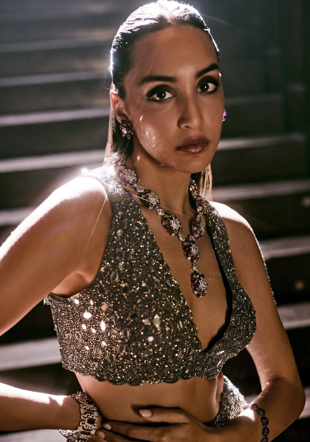 Metallic Grey Georgette Blouse Sharara Set Vvani by Vani Vats - Fabilicious Fashion