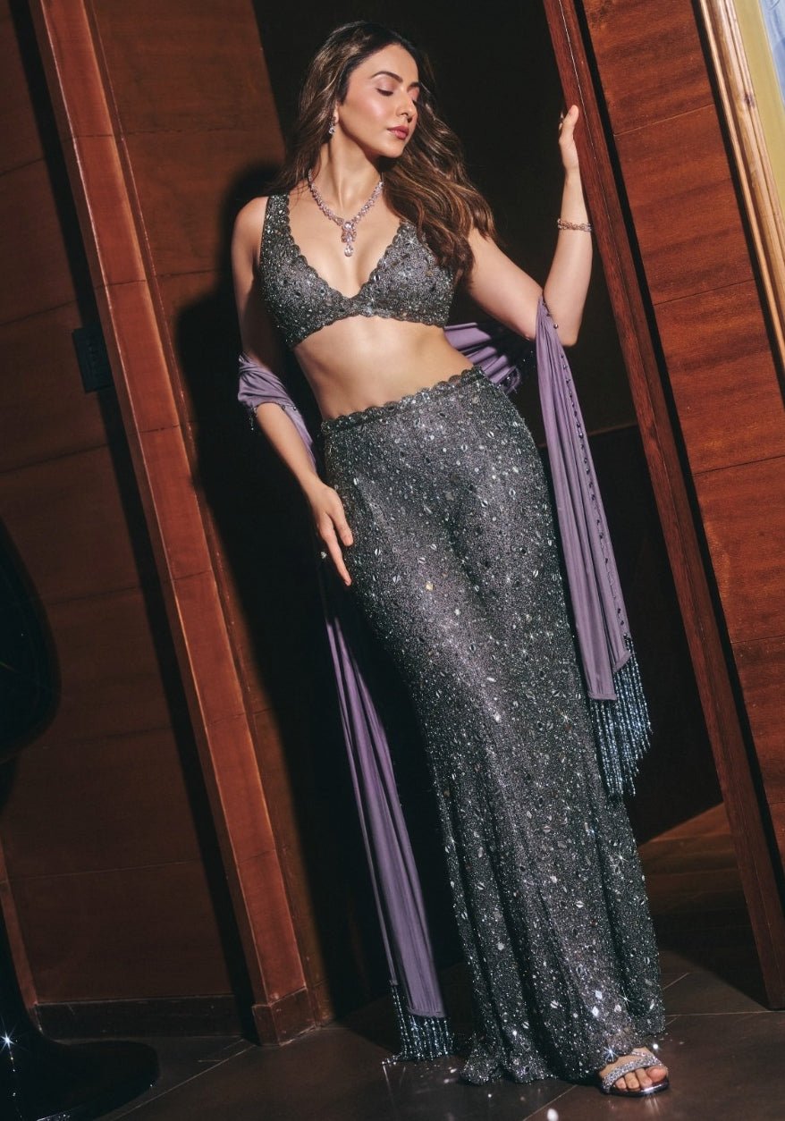 Metallic grey georgette blouse sharara set by Vvani by Vani Vats — his and hers indo-western for a wedding