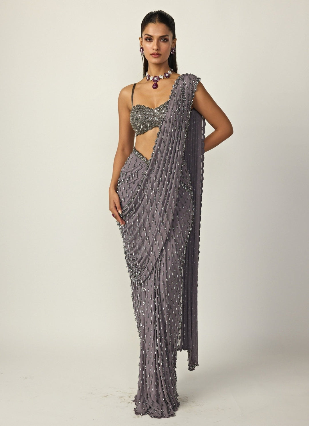 Metallic Grey Georgette Pre - Draped Saree Vvani by Vani Vats - Fabilicious Fashion