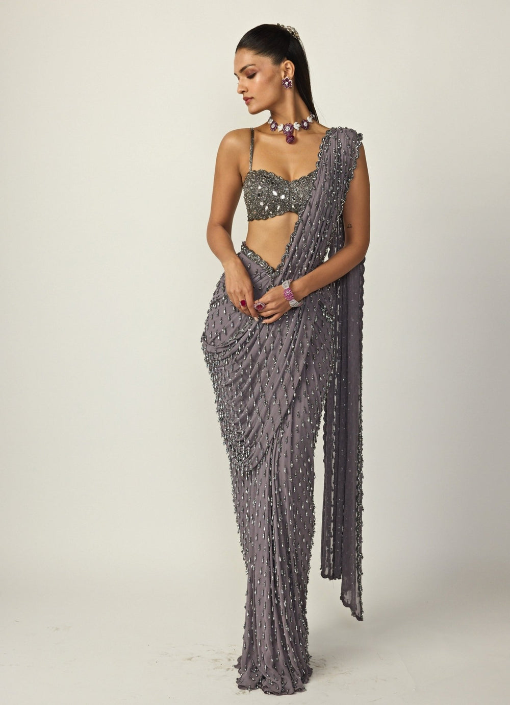 Metallic Grey Georgette Pre - Draped Saree Vvani by Vani Vats - Fabilicious Fashion