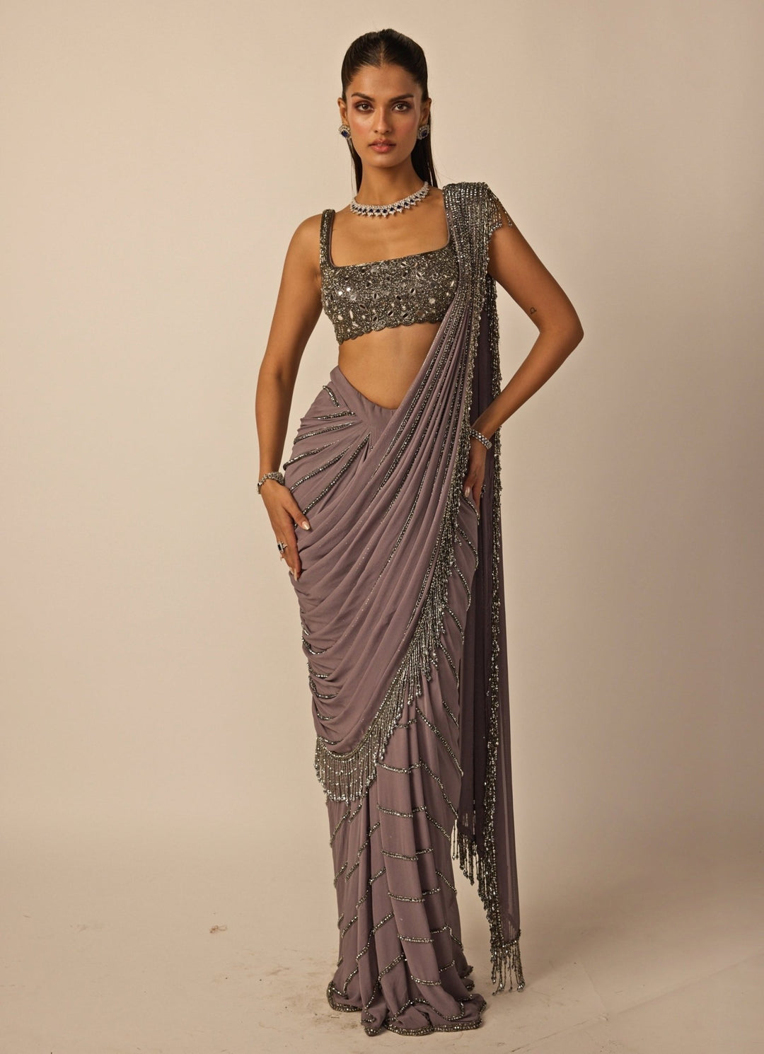 Metallic Grey Linear Georgette Pre - Draped Saree Vvani by Vani Vats - Fabilicious Fashion