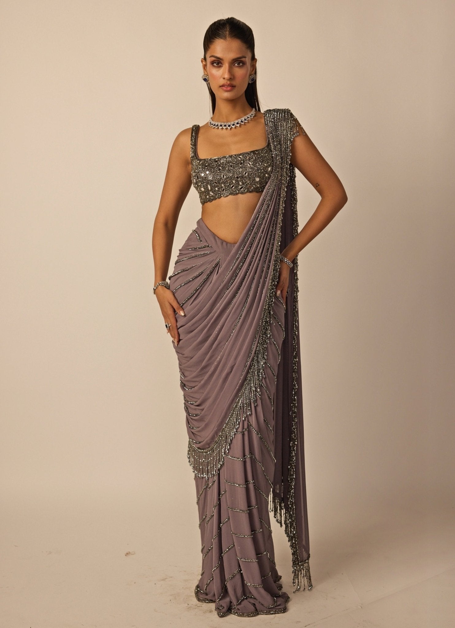 Vvani by Vani Vats metallic grey linear pre-draped saree — saree trends 2026 for cocktail