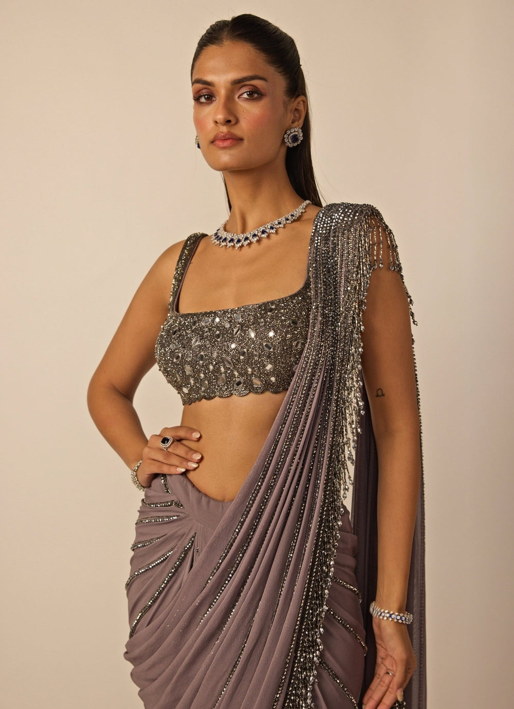 Metallic Grey Linear Georgette Pre - Draped Saree Vvani by Vani Vats - Fabilicious Fashion
