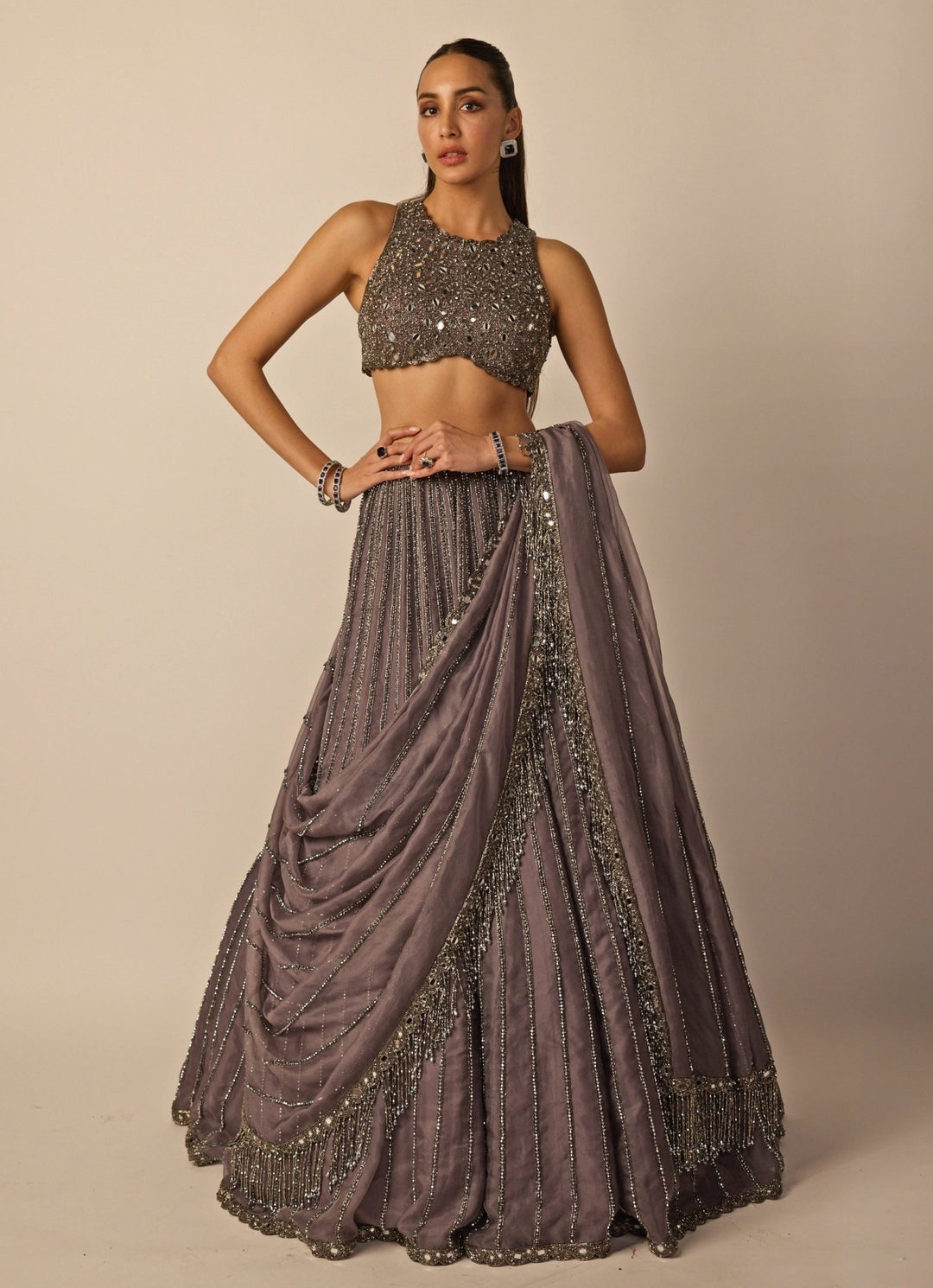 Metallic Grey Linear Organza Lehenga Set Vvani by Vani Vats - Fabilicious Fashion