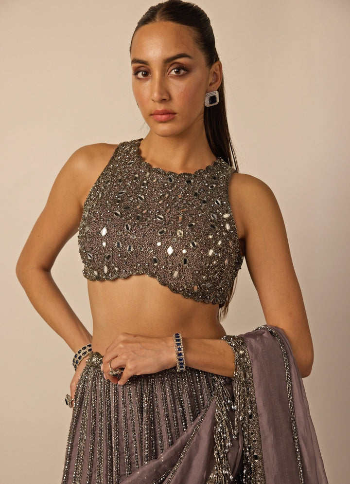 Metallic Grey Linear Organza Lehenga Set Vvani by Vani Vats - Fabilicious Fashion