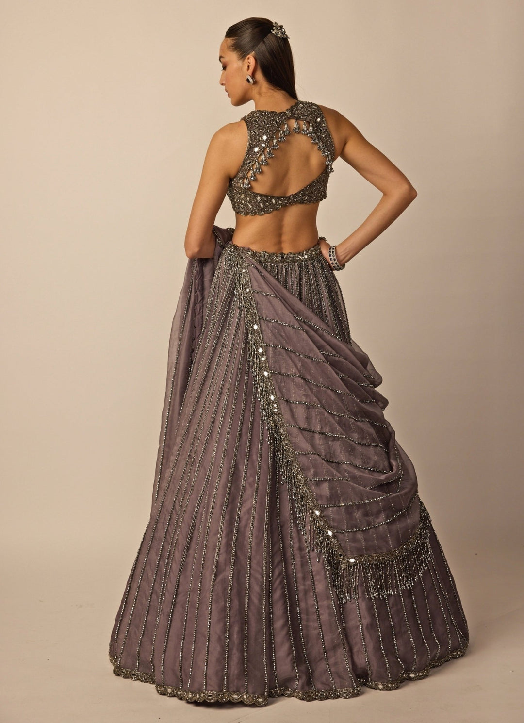 Metallic Grey Linear Organza Lehenga Set Vvani by Vani Vats - Fabilicious Fashion