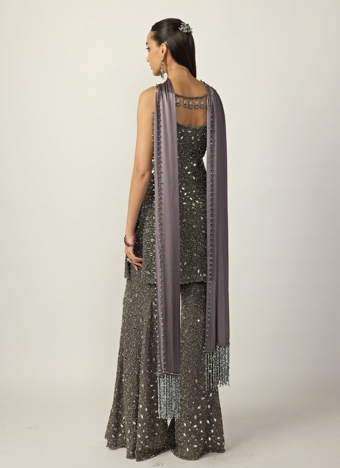 Metallic Grey Soft Net Kurta Sharara Set Vvani by Vani Vats - Fabilicious Fashion