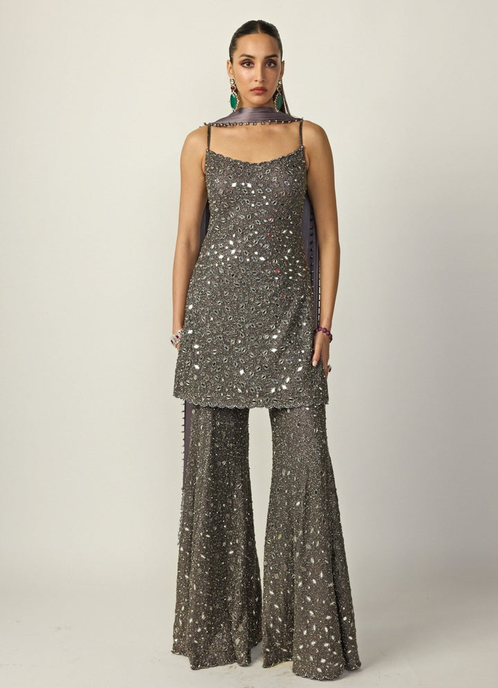 Metallic Grey Soft Net Kurta Sharara Set Vvani by Vani Vats - Fabilicious Fashion