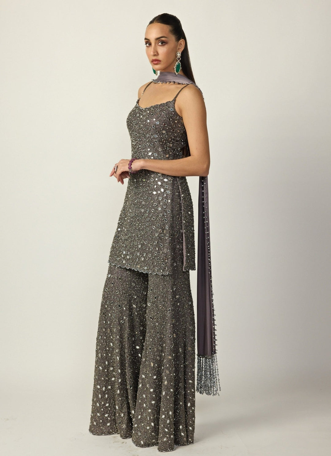Metallic Grey Soft Net Kurta Sharara Set Vvani by Vani Vats - Fabilicious Fashion