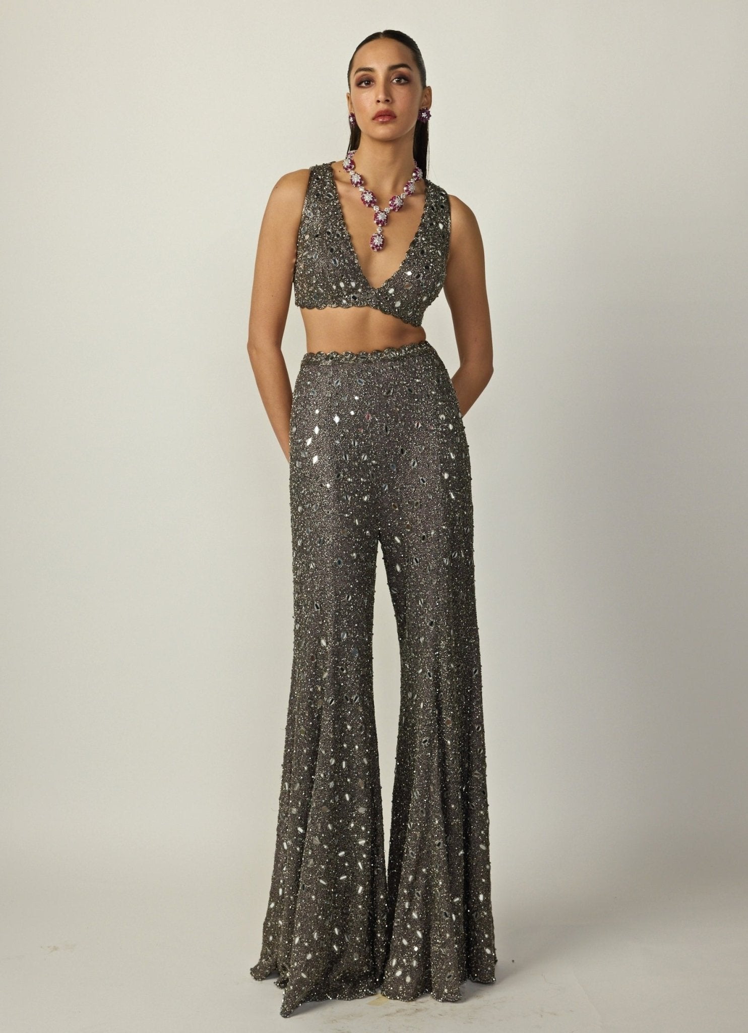 Metallic grey Indo-Western sharara set for evening wedding guest outfit