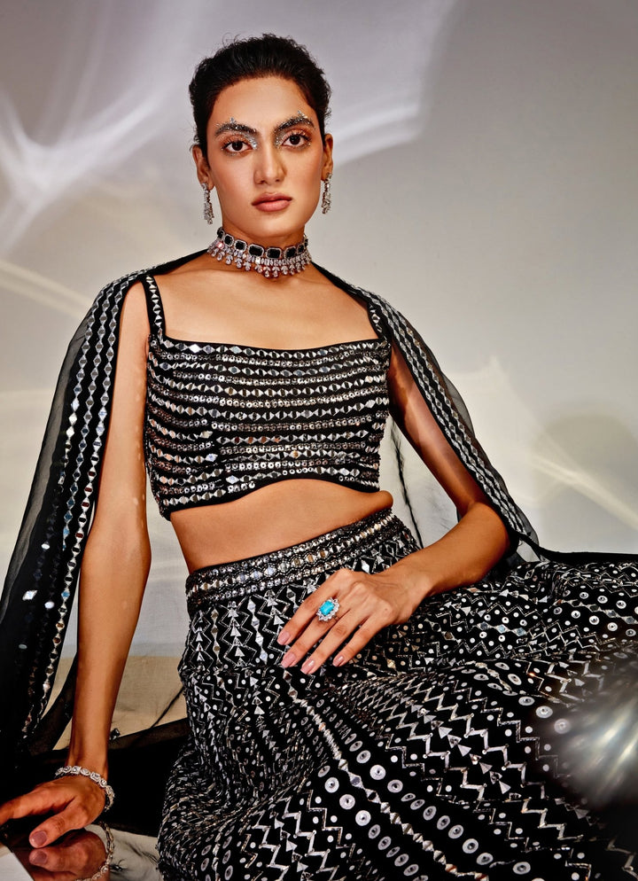 Midnight Black Embroidered Lehenga set Akara - Fabilicious Fashion