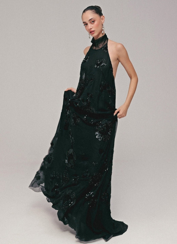 The Little Black Bow Midnight Black Georgette Silk DressFabilicious Fashion