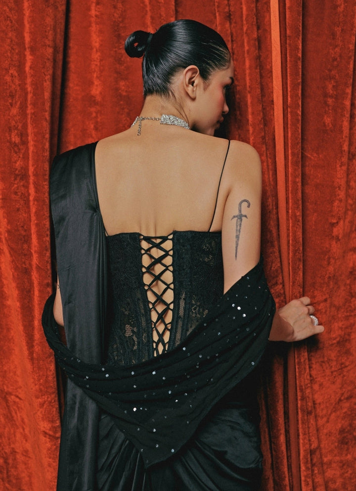 The Little Black Bow Midnight Black Silk Pre-Draped Saree With CorsetFabilicious Fashion