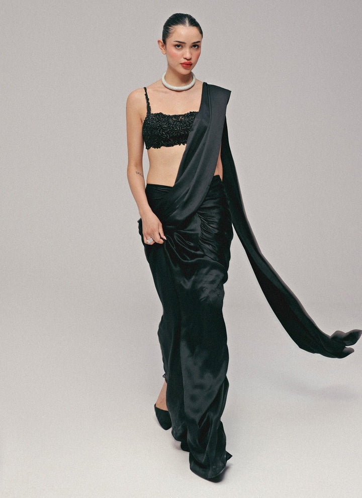 The Little Black Bow Midnight Black Silk Pre-Draped SareeFabilicious Fashion