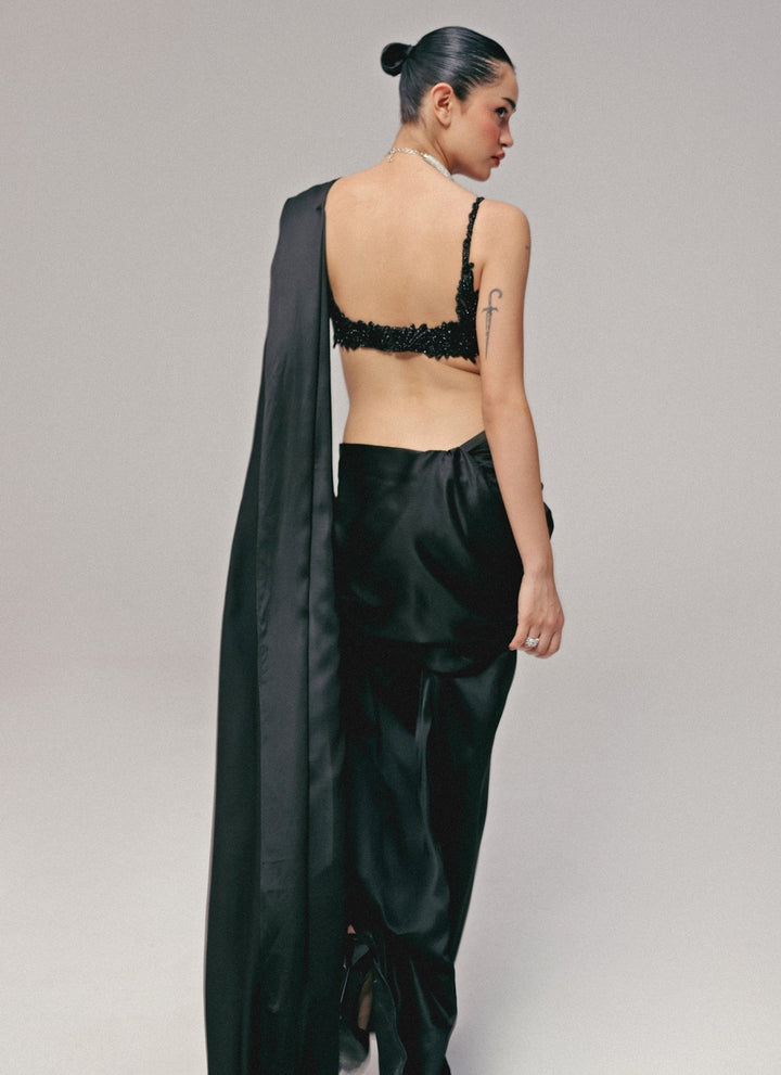 The Little Black Bow Midnight Black Silk Pre-Draped SareeFabilicious Fashion