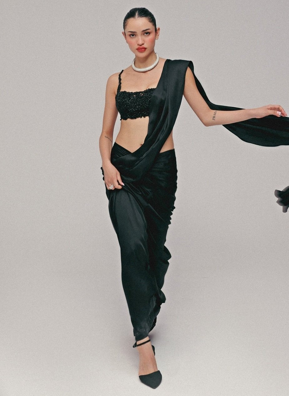 The Little Black Bow Midnight Black Silk Pre-Draped SareeFabilicious Fashion