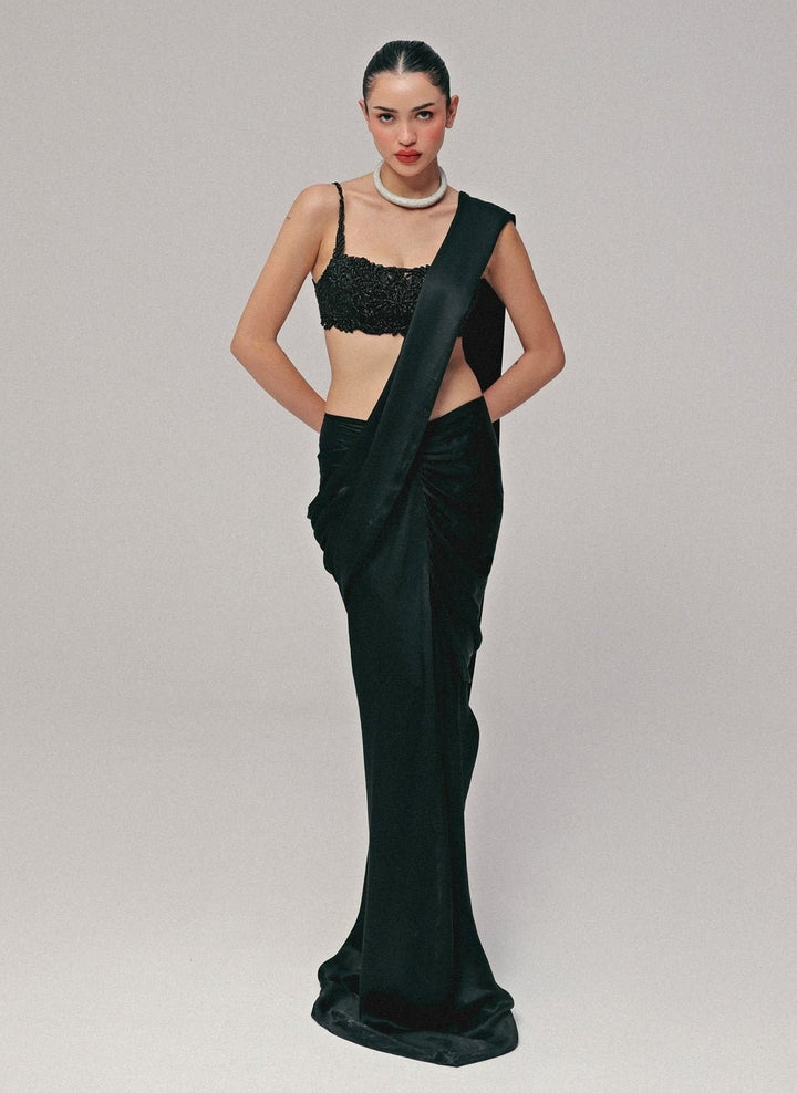 The Little Black Bow Midnight Black Silk Pre-Draped SareeFabilicious Fashion