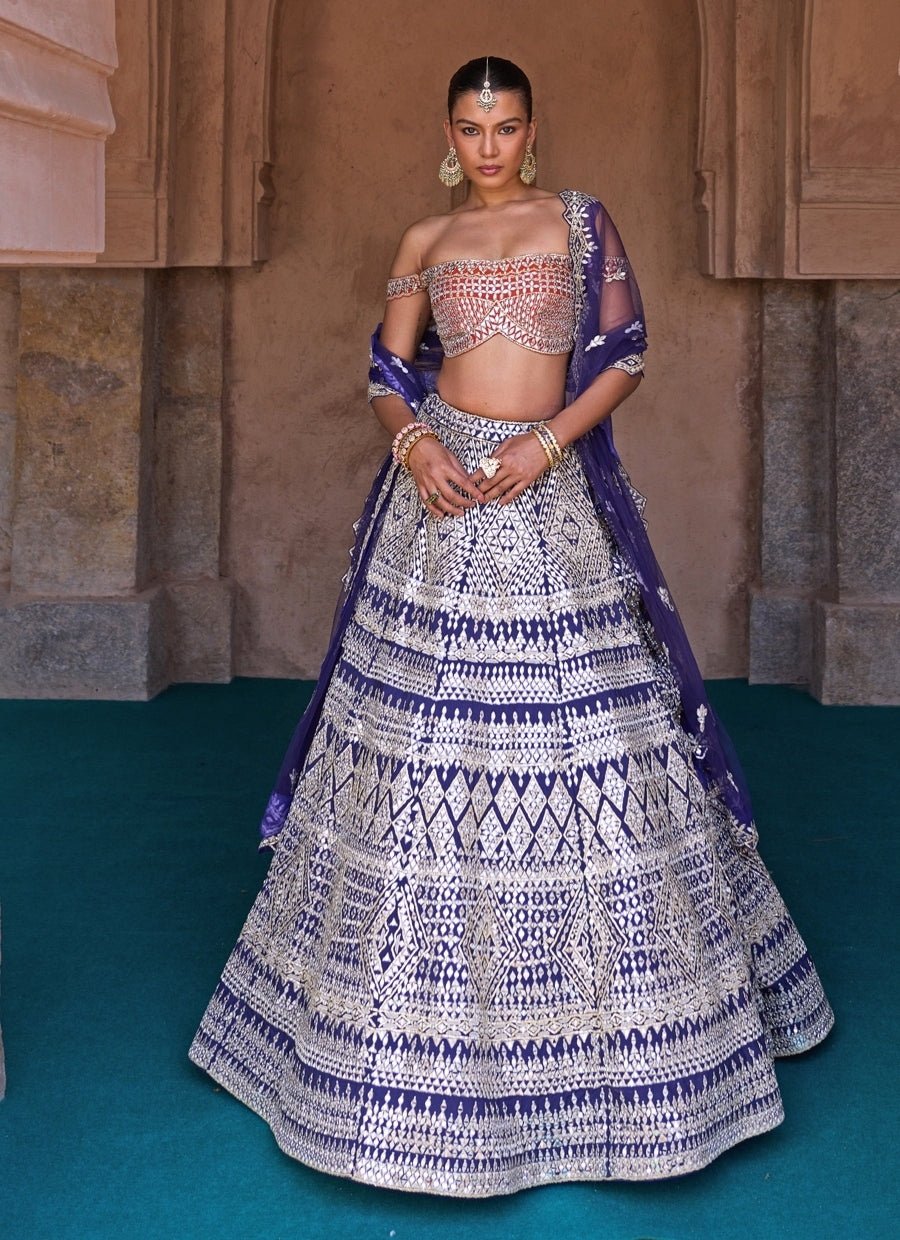 Angad Singh Midnight Blue And Orange Raw Silk Lehenga SetFabilicious Fashion