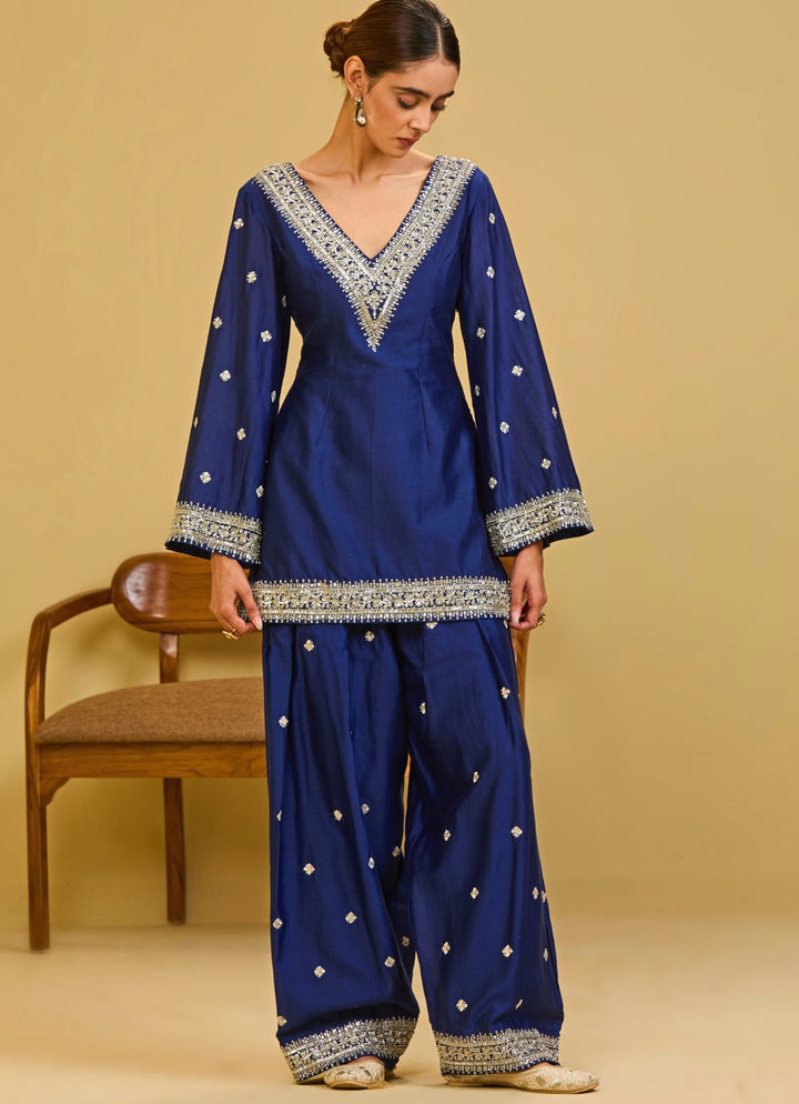 Esha Koul Midnight Blue Chanderi Kurta Farshi Salwar SetFabilicious Fashion