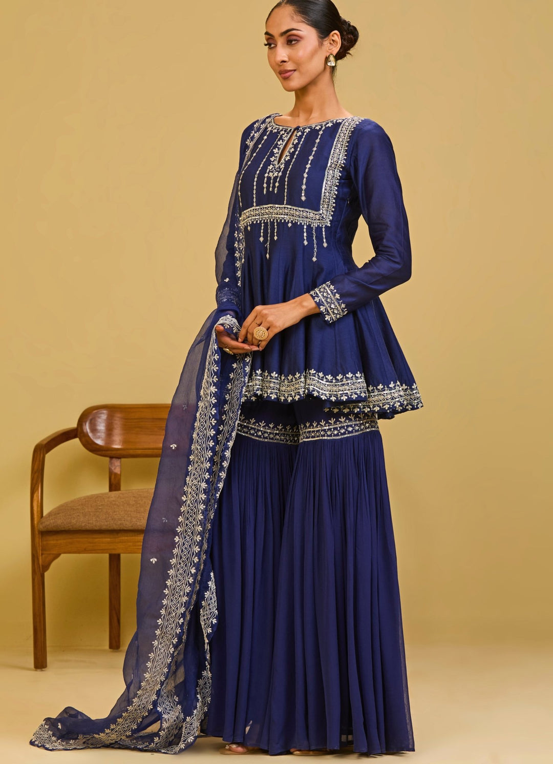 Esha Koul Midnight Blue Chanderi Peplum Kurta Sharara SetFabilicious Fashion