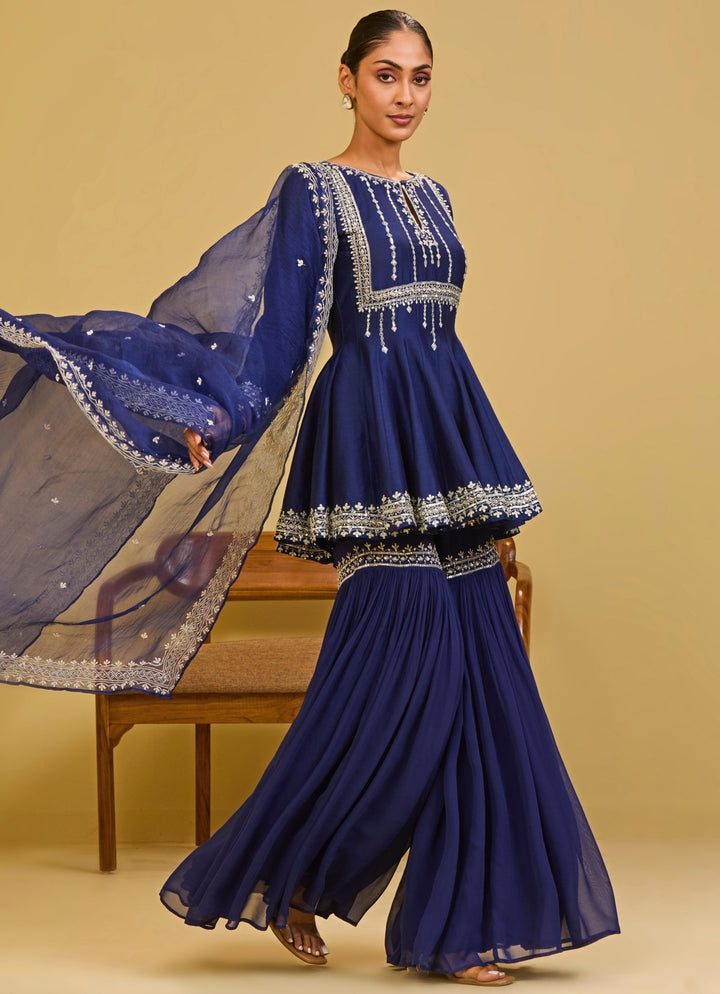 Esha Koul Midnight Blue Chanderi Peplum Kurta Sharara SetFabilicious Fashion