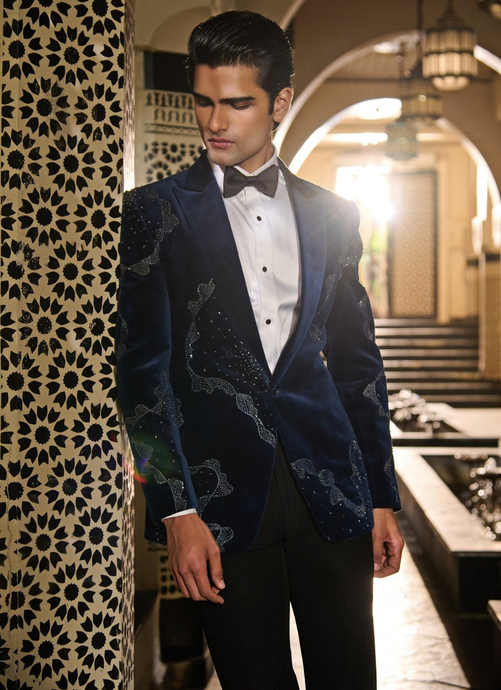 Contrast by Parth Midnight Blue Crystal Velvet Tuxedo SetFabilicious Fashion