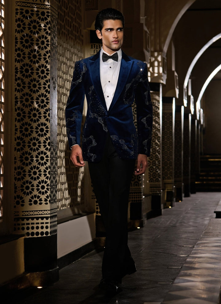 Contrast by Parth Midnight Blue Crystal Velvet Tuxedo SetFabilicious Fashion