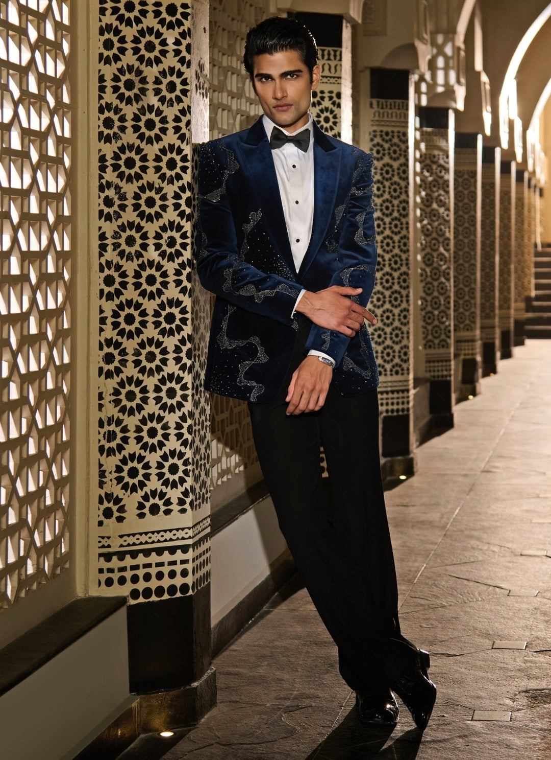 Contrast by Parth Midnight Blue Crystal Velvet Tuxedo SetFabilicious Fashion