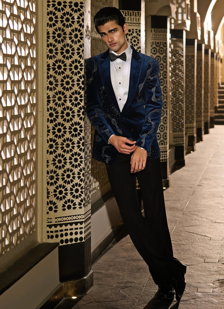 Contrast by Parth Midnight Blue Crystal Velvet Tuxedo SetFabilicious Fashion