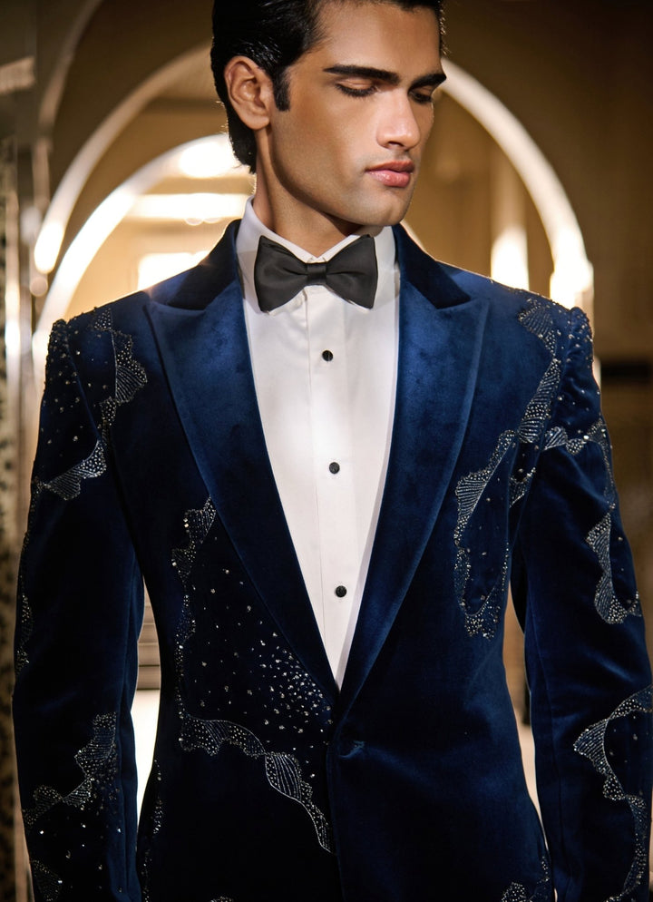 Contrast by Parth Midnight Blue Crystal Velvet Tuxedo SetFabilicious Fashion