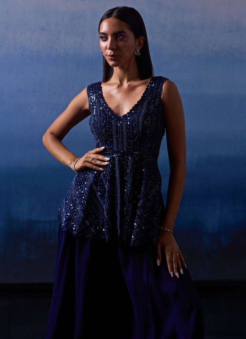 Midnight Blue Embellished Peplum Top with Sharara Angad Singh - Fabilicious Fashion