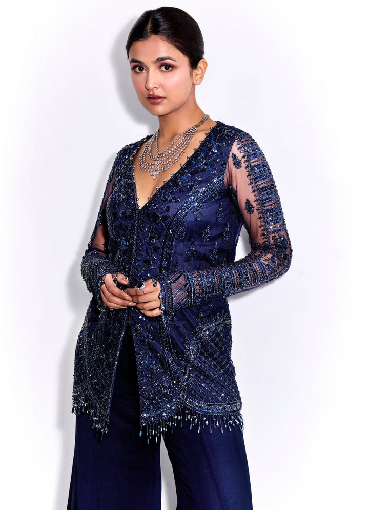 Midnight Blue Embroidered Georgette Kurta Pant Set Sanya Gulati - Fabilicious Fashion