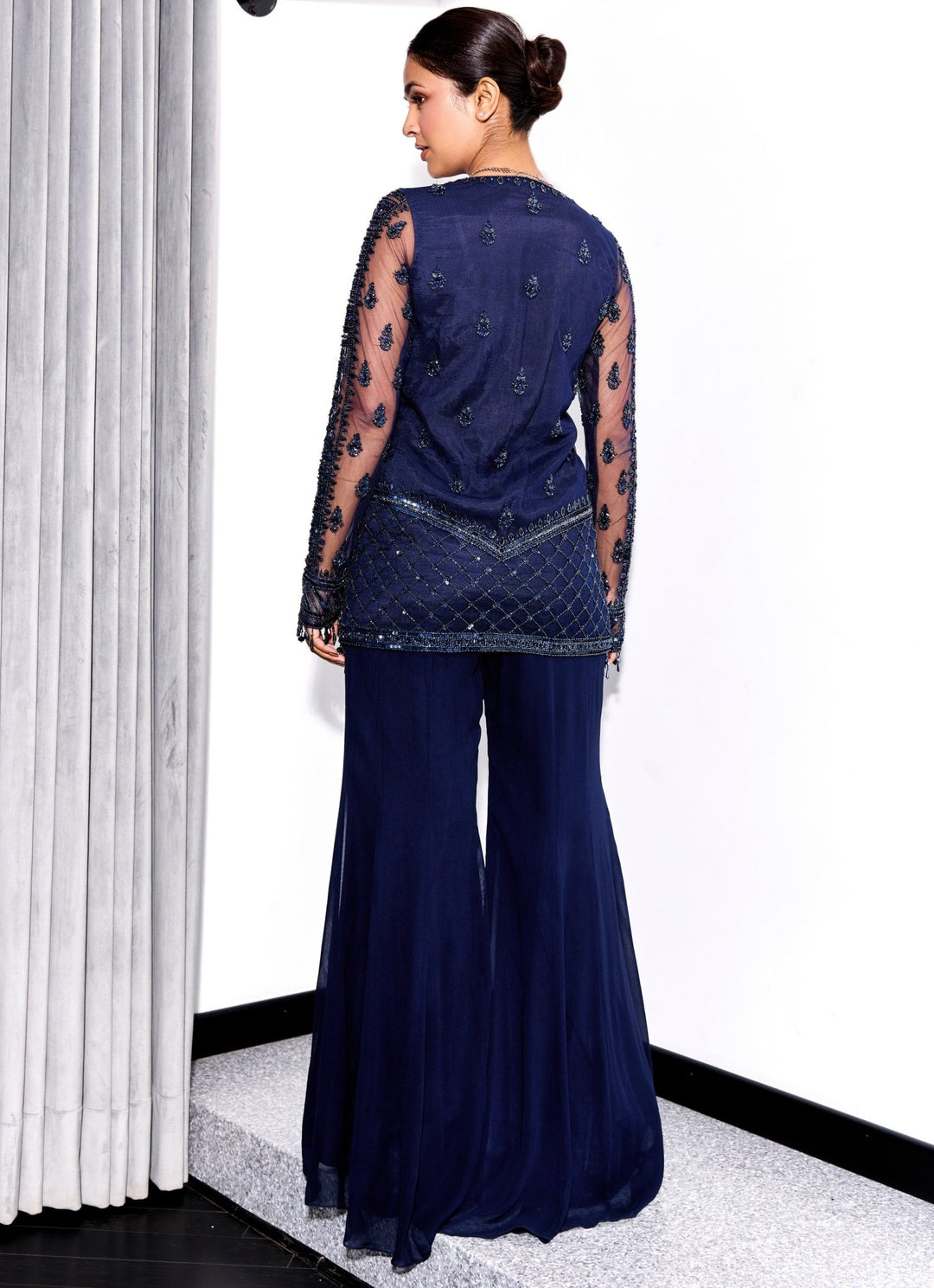 Midnight Blue Embroidered Georgette Kurta Pant Set Sanya Gulati - Fabilicious Fashion