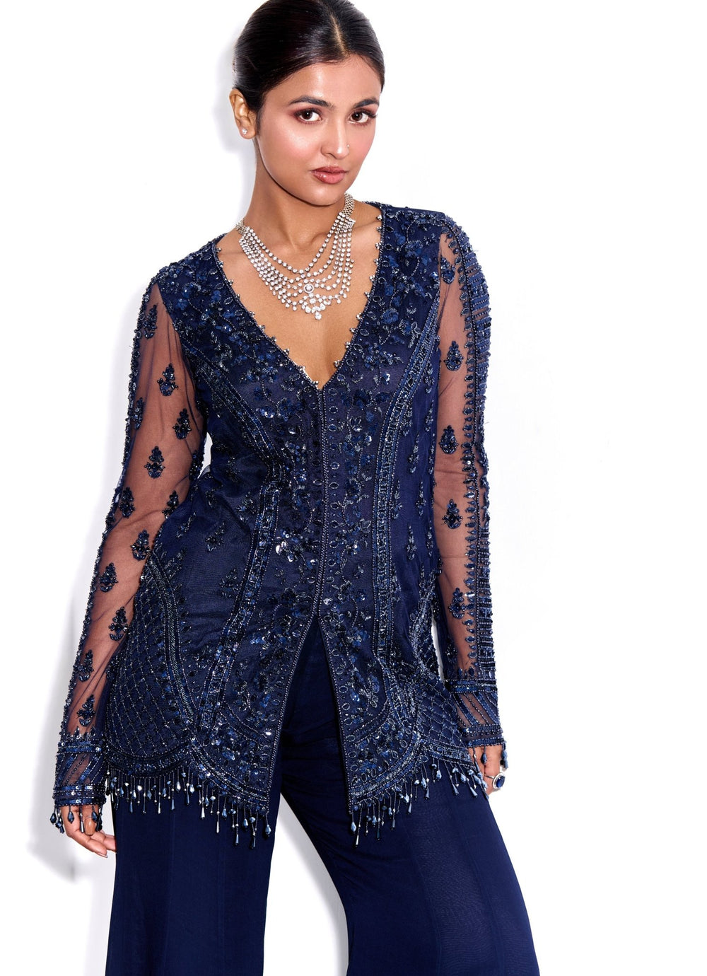 Midnight Blue Embroidered Georgette Kurta Pant Set Sanya Gulati - Fabilicious Fashion