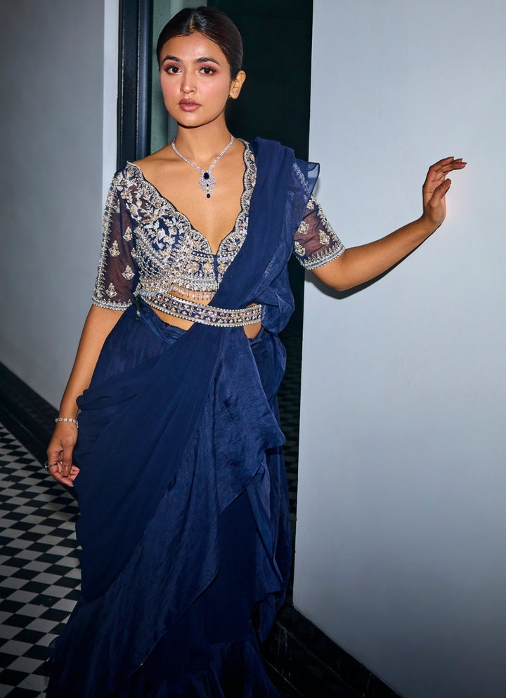 Midnight Blue Embroidered Georgette Predraped Ruffle Saree Sanya Gulati - Fabilicious Fashion
