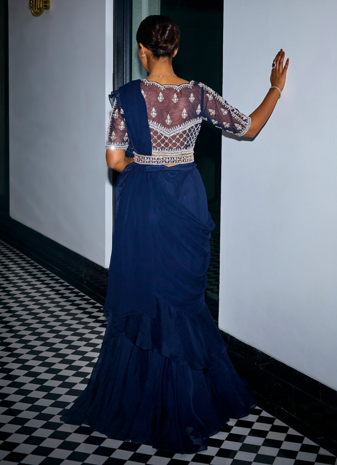 Midnight Blue Embroidered Georgette Predraped Ruffle Saree Sanya Gulati - Fabilicious Fashion